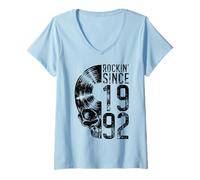Women's Rockin' Since 1992 Vintage Vinyl Record Lover Gothic Skull V-Neck T-Shirt