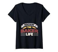 Women's Rockin The Baker Life Funny Baking Baker V-Neck T-Shirt
