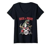 Womens Rocking T-Rex Playing Drums Roaring Dino Band Rock and Roll V-Neck T-Shirt