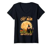 Women's Rocking The Cat Mom Witch Life American Shorthair Halloween V-Neck T-Shirt
