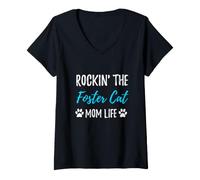 Women's Rocking The Foster Cat Mom Life T-Shirt Rescue Cat Gift V-Neck T-Shirt