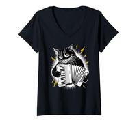 Womens Rockstar Accordionist Cat on Cat Accordion V-Neck T-Shirt