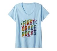 Women's Rockstar First Grade Rocks Last Day Choir Teacher Crew V-Neck T-Shirt