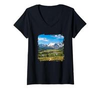 Women's Rocky Mountains Scenic Valley River Landscape Graphic V-Neck T-Shirt