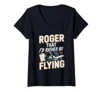Women's Roger that I'd Rather Be Flying Pilot Aviation Lover V-Neck T-Shirt