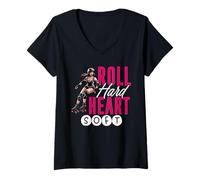 Womens Roll Hard Heart Soft Funny Roller Derby Skater V-Neck T-Shirt