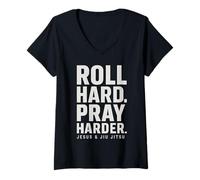 Womens Roll Hard Pray Harder Jesus and Jiu Jitsu Fighting Christian V-Neck T-Shirt
