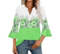 Womens Roll Neck Long Sleeve Tops 3/4 Length Sleeve Womens Tops V Neck Spring Shirts 2025 Petal Bell Sleeve Plus Size Boho Ethnic Style Tee Shirts ffice Shirts for Women UK (Green, XL)