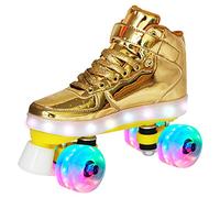 Women's Roller Skates, Classic Quad Roller Skates, PU Leather Four-Wheel Light Up Skates, for Outdoor Indoor, Beginner Teens Youth Girls Boy,Gold,UK 2/EU 34