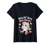 Womens Rollin' Into 2nd Grade Unicorn Kawaii Back to School V-Neck T-Shirt