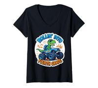 Womens Rollin' Into Fourth Grade 4th Grader T-Rex Monster Truck V-Neck T-Shirt