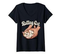 Womens Rolling Cat Funny Cute Cat Lover Humor V-Neck T-Shirt