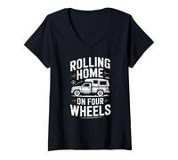 Women's Rolling Home On Four Wheels Camper Van Road Trip V-Neck T-Shirt