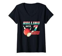 Womens Rolling Into 7 Years Old Bowling Party 7th Birthday Retro V-Neck T-Shirt