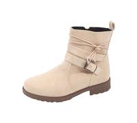 Women's Roman Ankle Boots Low Heel Ankle Shoes Fashion Buckle Belt Work Shoes with Side Zip Round Toe Retro Casual Shoes Warm Lightweight Winter Shoes, beige, 8.5 UK
