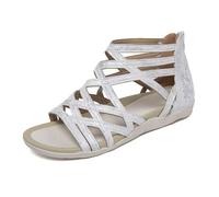 Women's Roman Gladiator Sandals Wide Fit Cross Straps Back Zip Shoes Open Toe Hollow Out Strappy Ankle Strap Flat Comfort Walking Hiking Outdoor Sandal Summer Holiday Slides Silver