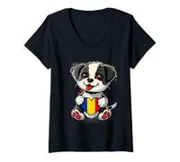 Womens Romania Cute Dog Heart Romanian Flag Romanian Roots V-Neck T-Shirt