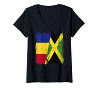 Womens Romania Jamaica Half Flag Romanian Jamaican Heritage V-Neck T-Shirt