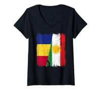 Womens Romania Kurdistan Half Flag Romanian Kurdish Jersey V-Neck T-Shirt