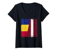 Womens Romania Latvia Half Flag Romanian Latvian Heritage V-Neck T-Shirt