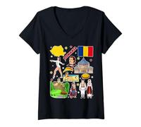 Womens Romania Map Landmarks Culture Travel Souvenir Romanian Flag V-Neck T-Shirt