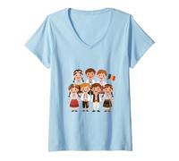 Women's Romanian Children Gathering Flag National Day Outfit V-Neck T-Shirt