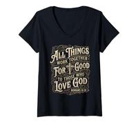 Women's Romans 8 28 Bible Verse All Things Work Together for Good V-Neck T-Shirt