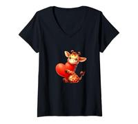 Women's Romantic Animal Hugging Heart Design Giraffe V-Neck T-Shirt