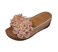 Women's Romantic Floral Lace Slide Sandals Featuring Delicate Fabric Flower Embellishments Soft Low Platform Sole for Summer Tea Parties Khaki