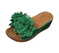 Women's Romantic Floral Lace Slide Sandals Featuring Delicate Fabric Flower Embellishments Soft Low Platform Sole for Summer Tea Parties Green