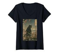 Womens Ronin The Samurai Cat Cherry Blossom Ukiyo-e Manga Kanji Art V-Neck T-Shirt