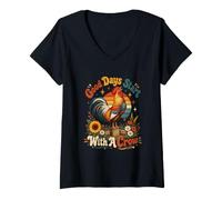 Women's Rooster Farm Life Good Days Start with A Crow Retro Sunrise V-Neck T-Shirt