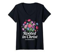 Womens Rooted in Christ Christian Women Floral V-Neck T-Shirt