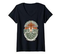 Women's Rooted in Christ Colossians 2:7 Christian Faith Cross Tree V-Neck T-Shirt