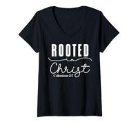 Women's Rooted in Christ Colossians 2:7 Modern Typography Design V-Neck T-Shirt