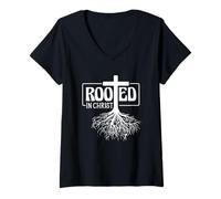 Women's Rooted in Christ Faith Based Inspirational Design V-Neck T-Shirt