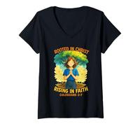 Womens Rooted in Christ Illustrated Scripture | Colossians 2:7 V-Neck T-Shirt