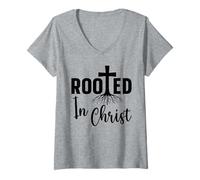 Womens Rooted in Christ, Jesus Christianity, Faith Religion V-Neck T-Shirt
