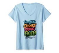 Womens Rooted in Christ Rising Faith Scripture Art V-Neck T-Shirt