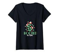 Womens Rooted in Him Christian Floral Bible Verse Faith V-Neck T-Shirt