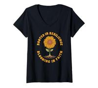 Womens Rooted in Resilience, Blooming in Faith Sunflower Design V-Neck T-Shirt