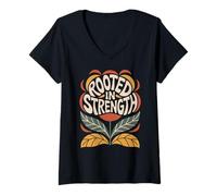 Womens Rooted In Strength Flower Boho Vintage Inspiring Quote V-Neck T-Shirt