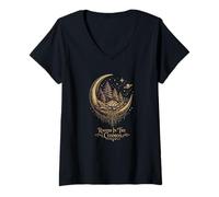 Women's Rooted in The Cosmos Moon Forest Lotus Celestial Nature V-Neck T-Shirt