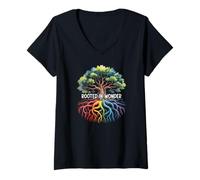 Womens Rooted in Wonder Rainbow Tree Mindful Nature V-Neck T-Shirt
