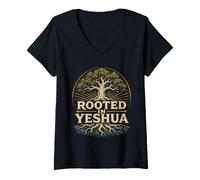 Women's Rooted in Yeshua Deep Roots Christian Faith Bible Scripture V-Neck T-Shirt
