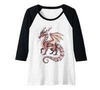Womens Rose Dragon with Antlers Mystical Fantasy Pink Floral Wings Raglan Baseball Tee