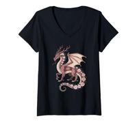 Womens Rose Dragon with Antlers Mystical Fantasy Pink Floral Wings V-Neck T-Shirt