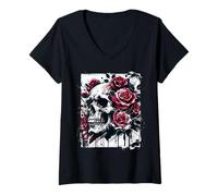 Women's Rose Skull Costume Horror Nightmare Skeleton Skulls Dead V-Neck T-Shirt