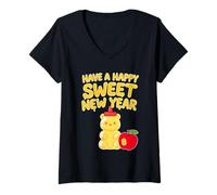 Womens Rosh Hashanah Happy Sweet New Year Honey Bear Jewish Holiday V-Neck T-Shirt