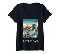 Women's Rotterdam Netherlands Modern Skyline Travel Art V-Neck T-Shirt